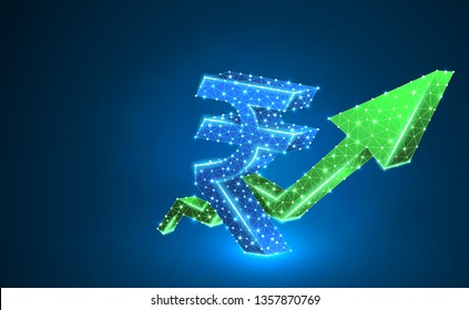 Growth green arrow, India Rupee currency sign, digital neon 3d illustration. Polygonal Vector business, success, data cash, finance concept. Low poly wireframe, triangle, lines, dots. Blue background