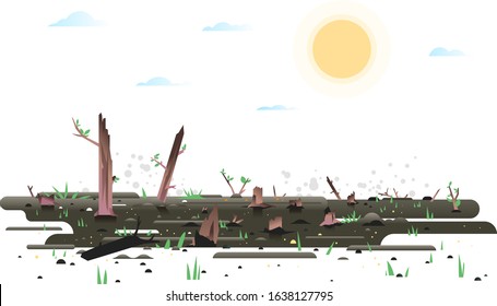 Growth green small young leaves and grass after wildfire, nature reborn after fire concept illustration in flat style isolated, charred earth with young plants