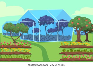 Growth in greenhouse vector illustration. Large farm or garden with trees and flowers. Growing fruits and vegetables in modern hothouses. Greenhouse farming, gardening, agriculture concept