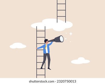 Growth or growing concept. Progress to next level, career development or business improvement reaching better quality, ambitious businessman climbing up ladder to cloud level to reach next level.