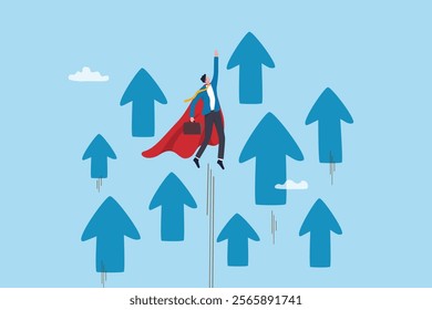 Growth, growing to success, winning or rising employee, skill to victory or development to achieve success, trend, performance or motivation concept, businessman superhero flying up with rising arrow.