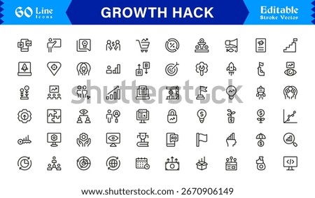 Growth Hack Line Icon Collection with Digital Marketing, Analytics, Funnel, and Strategy Symbols