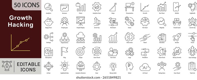 Conjunto de iconos de línea editables de Growth Hacking para marketing de startups, escalado de negocios y optimización digital