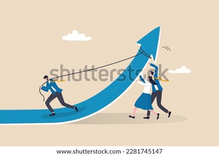 Growth hacking, effort to improve and grow business, teamwork or team help pushing company to success, career growth or growing company concept, business people team help pushing arrow rising up.