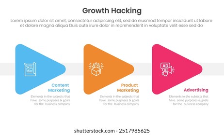 growth hacking infográfico 3 ponto com seta triangular direção direita para o vetor de apresentação de slide