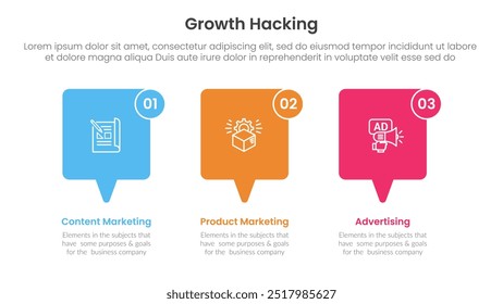 Infografía de growth hacking 3 puntos con caja de rótulo Dirección Horizontal para el Vector de presentación de diapositivas