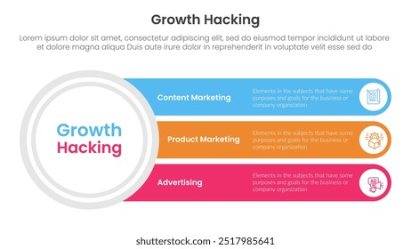 growth hacking infographic 3 point with big circle and long rectangle box for slide presentation vector