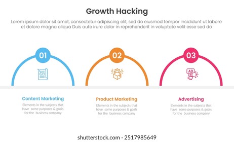 growth hacking infographic 3 point with half circle shape outline for slide presentation vector