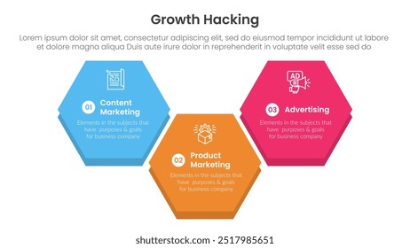 Infografía de growth hacking 3 puntos con gran forma hexagonal hacia arriba y hacia abajo para el Vector de presentación de diapositivas