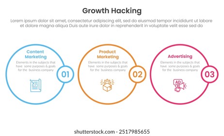 Infografía de growth hacking 3 puntos con contorno Horizontal para Vector de presentación de diapositivas