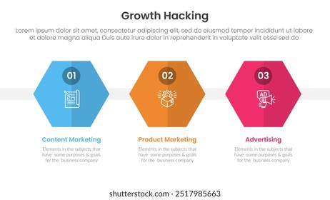 Infografía de growth hacking 3 puntos con forma hexagonal o hexagonal Horizontal para el Vector de presentación de diapositivas