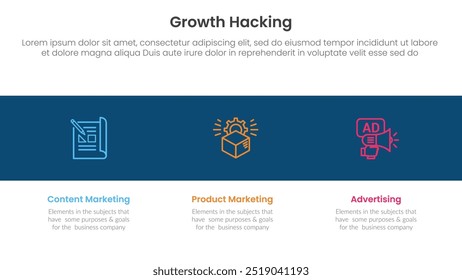 growth hacking infographic 3 point with icon in black horizontal background for slide presentation vector