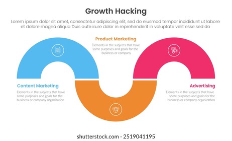 growth hacking infographic 3 point with circular shape half circle up and down for slide presentation vector