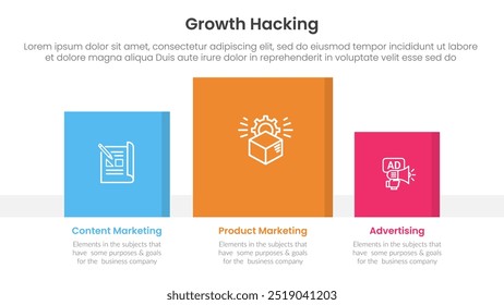 growth hacking infographic 3 point with square chart data box right direction for slide presentation vector