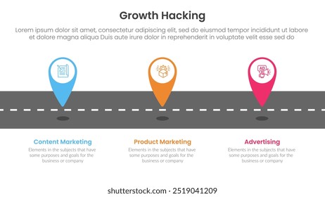 Infografía de growth hacking 3 puntos con el marcador de ubicación de pin de etiquetado en la carretera para el Vector de presentación de diapositivas