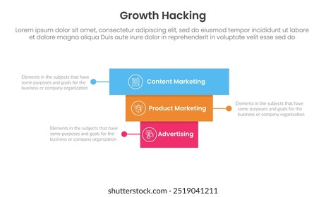 growth hacking infographic 3 point with rectangle block pyramid backwards structure for slide presentation vector