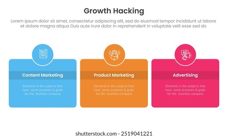 growth hacking infographic 3 point with round box and circle badge on center with horizontal direction for slide presentation vector