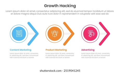 growth hacking infographic 3 point with circle and arrow shape right direction for slide presentation vector