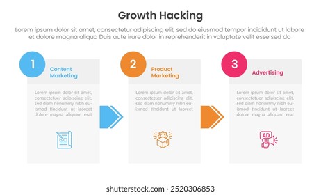 growth hacking infographic 3 point with box information and arrow direction for slide presentation vector