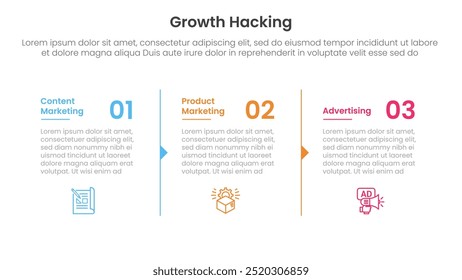 Infografía de growth hacking 3 puntos con separación de columnas con contorno de flecha para Vector de presentación de diapositivas