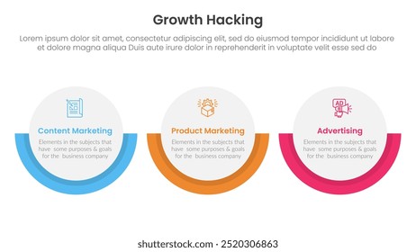 growth hacking infographic 3 point with big circle horizontal layout for slide presentation vector