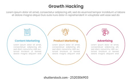 growth hacking infográfico 3 ponto com grande círculo união horizontal para slide apresentação vetor