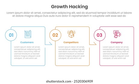 growth hacking infographic 3 point with box outline table arrow right direction for slide presentation vector