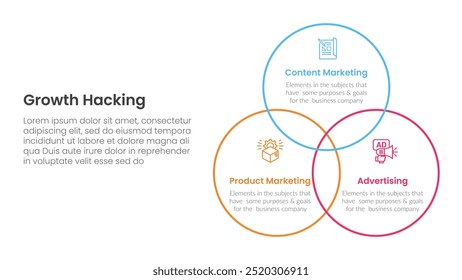 growth hacking infographic 3 point with venn big circle outline joined for slide presentation vector