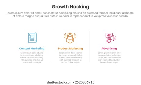 growth hacking infographic 3 point with horizontal clean information with line divider for slide presentation vector