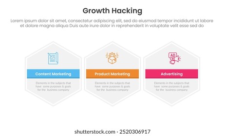 growth hacking infographic 3 point with big hexagon hexagonal horizontal for slide presentation vector