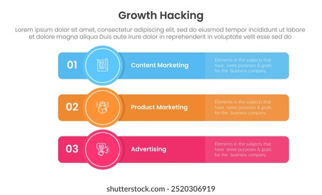 Infografía de growth hacking 3 puntos con caja de rectángulo largo con insignia circular para Vector de presentación de diapositivas