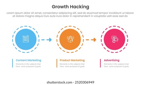 growth hacking infographic 3 point with circle and arrow right direction for slide presentation vector