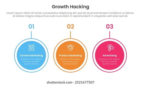 growth hacking infographic 3 point with big circle outline horizontal for slide presentation vector