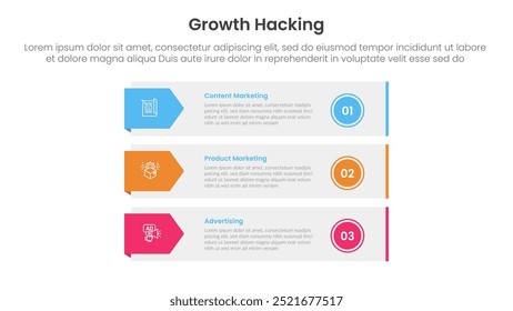 growth hacking infográfico 3 ponto com caixa de retângulo longo recipiente com seta distintivo lado para slide apresentação vetor