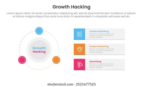 growth hacking infographic 3 point with big circle and outline badge on the line for slide presentation vector