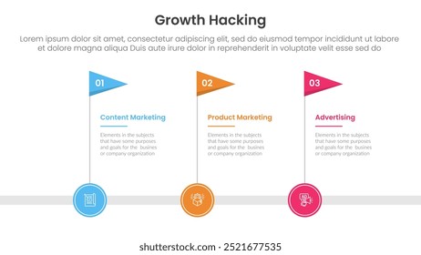 Infografía de growth hacking 3 puntos con indicador de línea de tiempo Horizontal para el Vector de presentación de diapositivas