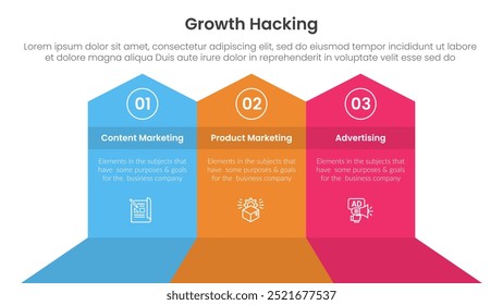 growth hacking infographic 3 point with big shape arrow header top direction for slide presentation vector