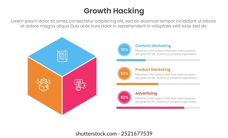 growth hacking infográfico 3 ponto com forma de caixa 3d com círculo descrição do progresso para apresentação de slide vetor