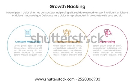 growth hacking infographic 3 point with big circle outline union horizontal for slide presentation vector