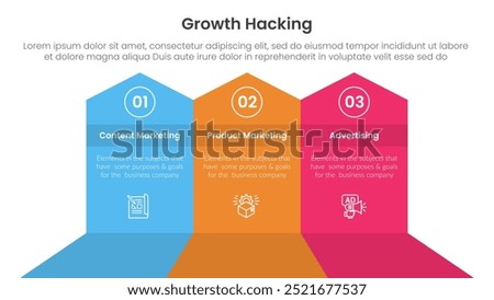 growth hacking infographic 3 point with big shape arrow header top direction for slide presentation vector