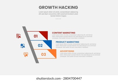 Growth hacking infographic outline style with 3 point template with sharp rectangle stairway ladder with triangle edge for slide presentation vector