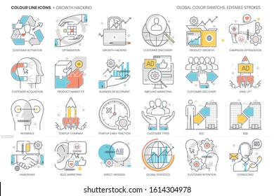 Growth Hacking Related, Color Line, Vector Icon, Illustration Set. The Set Is About Customers, Campaign, Social Media, Business, Start Up, Referrals, Retention, Early Traction, Marketing.