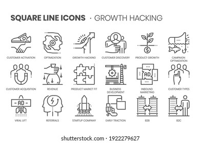 Growth hacking related pixel perfect, editable stroke, up scalable square line vector icon set. 