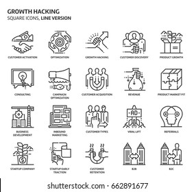 Growth hacking related, pixel perfect, editable stroke, up scalable vector icon set. 