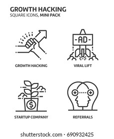 Growth hacking, square mini icon set. The illustrations are a vector, editable stroke, thirty-two by thirty-two matrix grid, pixel perfect files. Crafted with precision and eye for quality.