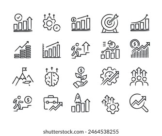 Wachstum Hand gezeichnete Doodle Sketch Stil Linie Icons. Vektorillustration.