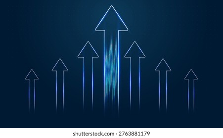 Growth is highlighted through these sleek, neon arrows that point up toward future technology breakthroughs. and with Multiple arrows pointing up serve as an abstract representation of market Growth and technology innovation