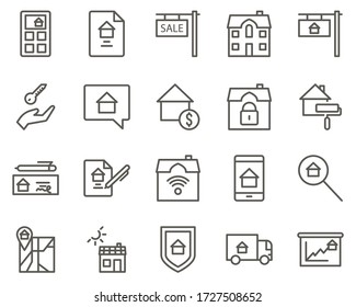 crecimiento, casa, conjunto de mercado iconos vectoriales. Juego de iconos de bienes raíces. Conjunto simple de iconos de línea de vectores relacionados con bienes inmuebles. Contiene íconos como Mapa, Plan, Dormitorios