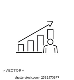 the growth of human popularity rating icon, statistic data of person, career growth with job, thin line symbol concept isolated on white background, editable stroke eps 10 vector illustration