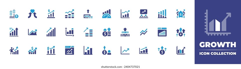 Colección de iconos de crecimiento. Color de duotona. Ilustración vectorial y transparente. Con aumento, estadísticas, trigo, especulación, beneficios, ingresos, empleados, coexistencia, diagrama, éxito, gráfico de barras.